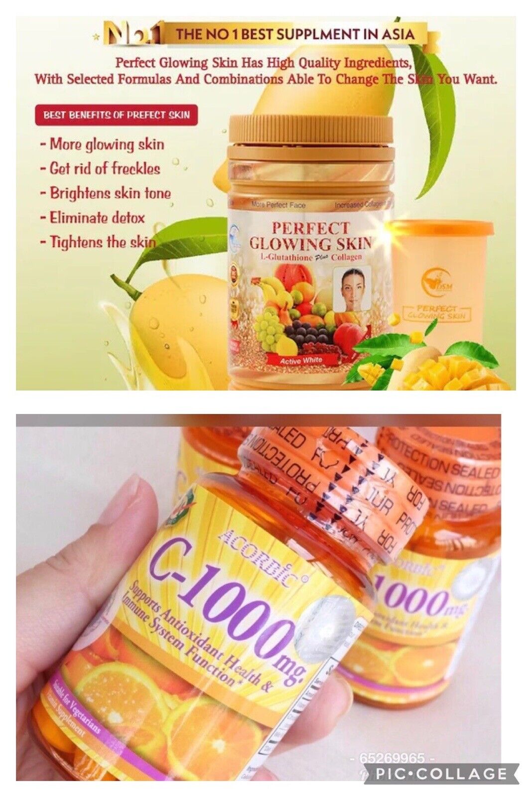 PERFECT GLOWING SKIN GLUTATHIONE POUDRE WHITENING 900G et 1 boite de vitamine C - Kyabeauty