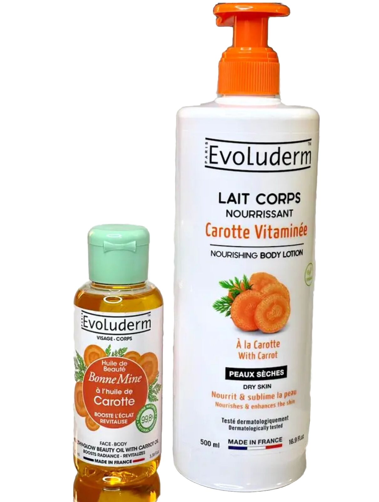 DUO EVOLUDERM LAIT CORPOREL CAROTTE +HUILE DE CAROTTE BONNE MINE ÉCLATANTE - Kyabeauty