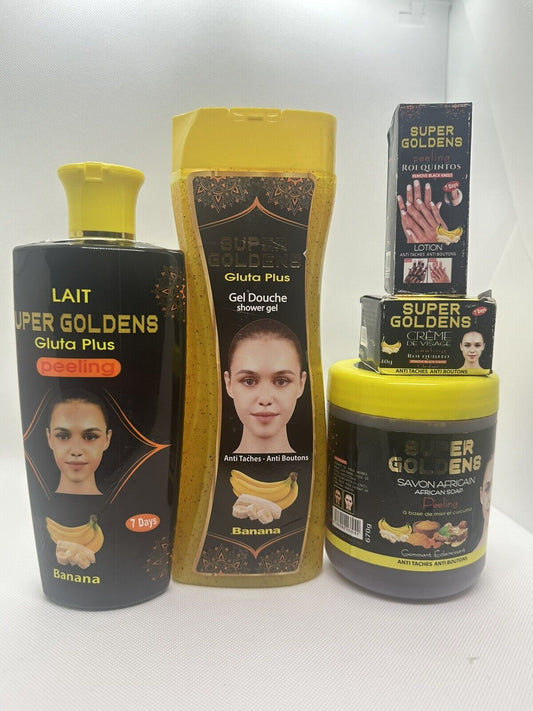 Super Goldens Duo ultra Éclaircissant Lait & Gel Douche nourrissante ant tache