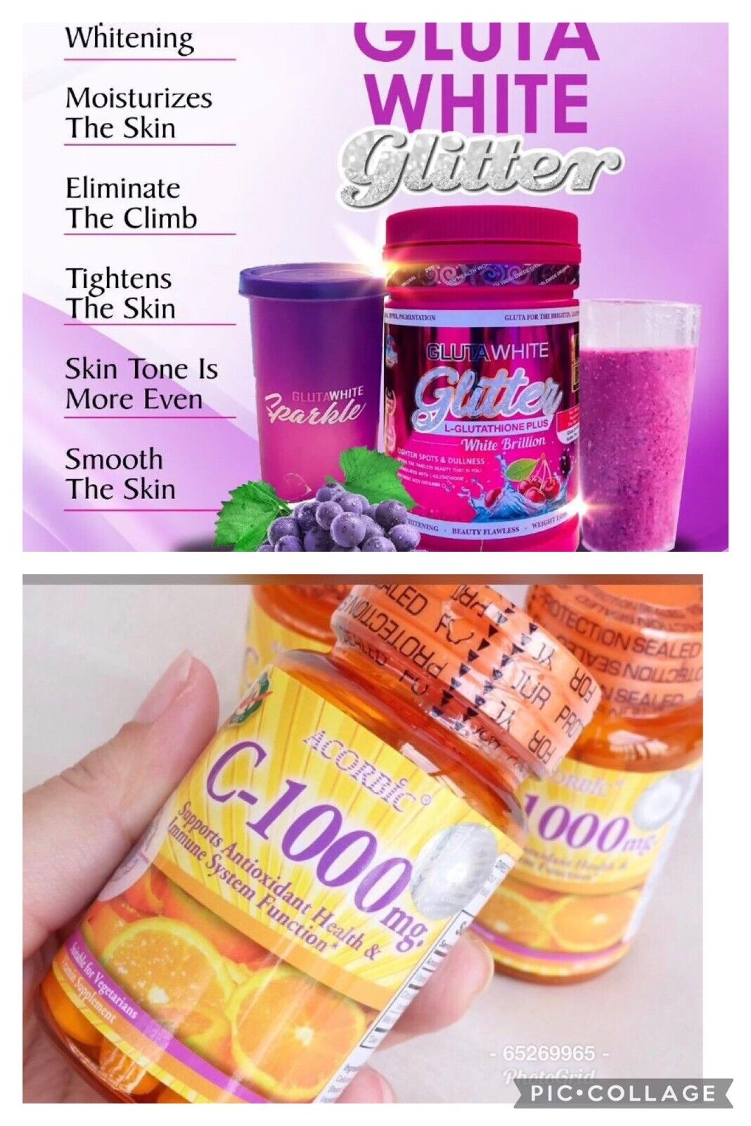 GLUTA WHITE GLITTER, poudre WHITENING/ glutathione collagène Et Acorbic 1000mg - Kyabeauty