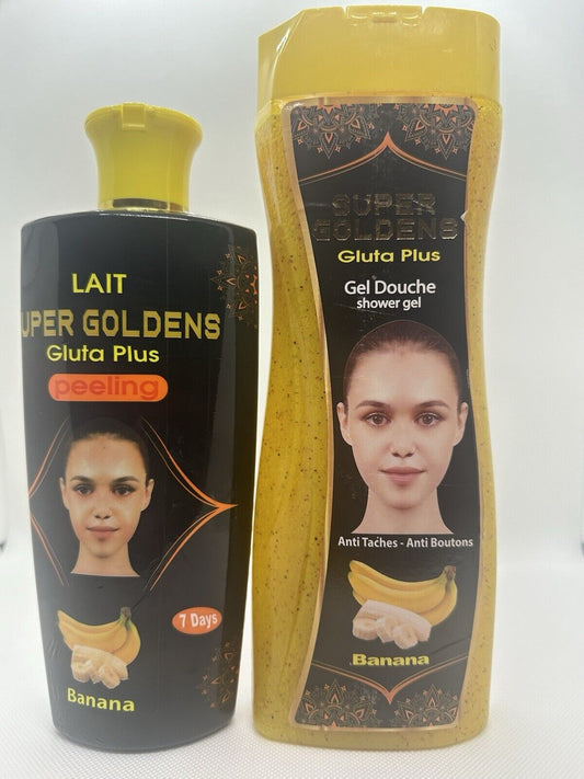 Super Goldens Duo ultra Éclaircissant Lait & Gel Douche nourrissante ant tache